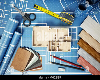 Home Decorating Tools stehen auf Haus bluprints. 3D-Darstellung. Stockfoto