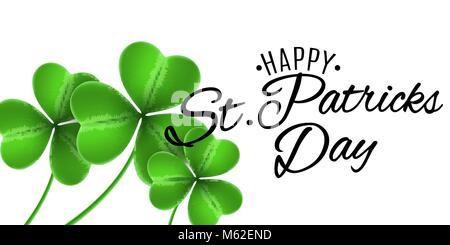 Vorlage zum St. Patrick's Day. Banner mit Klee der Shamrocks. Weißer Hintergrund. Kalligrafische schwarzen Text. Grußkarte. Vector Illustration. EPS Stock Vektor