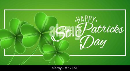 Vorlage zum St. Patrick's Day. Banner mit Klee der Shamrocks. Grüner Hintergrund. Kalligrafische weißer Text. Grußkarte. Vector Illustration. EPS Stock Vektor