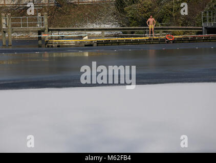 Am frühen Morgen Schwimmer die Kälte in einem Badeteich in Hampstead Heath, London tapfer, als winterliche Bedingungen mehr Elend für Reisende über Nacht verursacht haben. Stockfoto