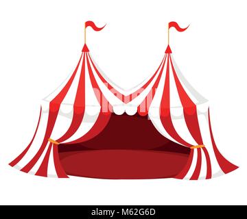 Rot und Weiß Zirkus oder Karneval Zelt mit Fahnen und roten Boden Vector Illustration auf weißem Hintergrund Web site Seite und mobile App Design Stock Vektor