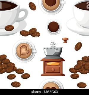 Nahtlose Muster der klassischen Kaffeemühle mit ein paar Kaffeebohnen manuelle Kaffeemühle und eine Tasse Kaffee Tasse Vector Illustration auf weißem Hintergrund Stock Vektor