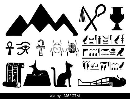 Schwarze Silhouetten alte ägyptische Symbole und Dekoration Ägypten flachbild Symbole Vector Illustration auf weißem Hintergrund Web site Seite und mobile App Design isoliert Stock Vektor