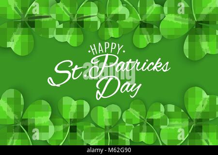 Happy St. Patricks Tag. Gruß Einladungskarte. Klee der Shamrocks auf grünem Hintergrund. Kalligrafische dekorativer weißer Text. Festliche Vorlage für y Stock Vektor