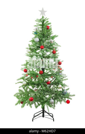 Künstlicher Weihnachtsbaum mit Schnee und bunte Kugeln auf weißem Hintergrund Stockfoto