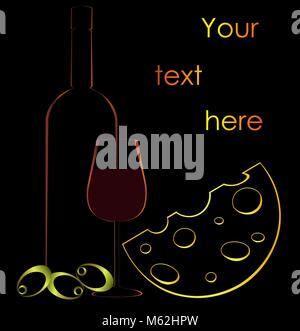 Flasche Wein Glas Käse, Oliven design Hintergrund logo Stock Vektor