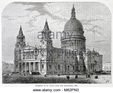 Die Außenseite des St Pauls Cathedral London aus dem Südwesten in 1800, antique Gravur von 1875 Stockfoto