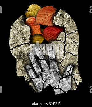Demenz depression Alzheimers Krankheit. Stilisierten männlichen Kopf silhouette seinen Kopf Holding. Foto-Montage mit Trockene Rissige Erde und Blätter im Herbst symboliz Stockfoto
