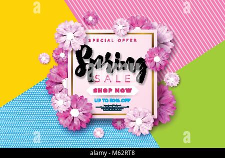Frühling Verkauf Hintergrund Design mit schönen bunten Blume. Vektor floral Design Template für Coupon, Banner, Gutschein oder Werbe Poster. Stock Vektor