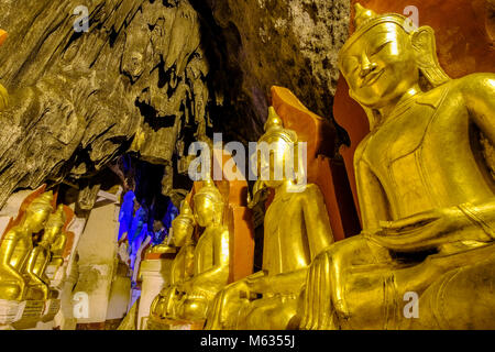 Mehr als 8000 kleinen und großen goldenen Buddha Statuen sind in den Pindaya Shwe Umin Höhle gelegt Stockfoto