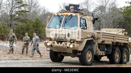 BOURNE, Mass.-- Soldaten aus F Co, 186Th Brigage Support Bataillons geht ein Team durch eine Übung am Joint Base Cape Cod, 10.02.2018. (US Army Stockfoto