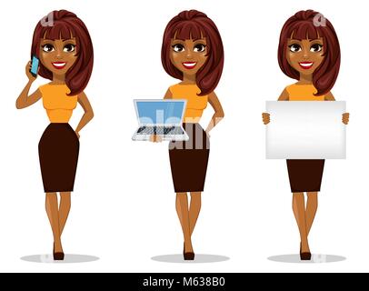 African American Business woman cartoon Charakter. Der junge schöne Geschäftsfrau in Smart Casual Kleidung, Smartphone, Laptop und Stock Vektor
