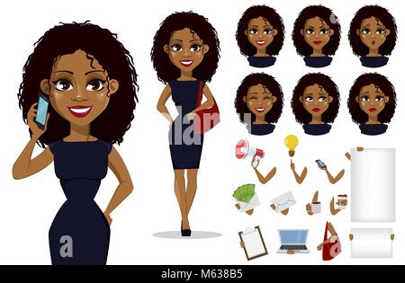 Pack von Teilen des Körpers und der Gefühle. African American Business woman Cartoon Character Creation eingestellt. Junge schöne Geschäftsfrau mit dunklen Haaren in Smart Stock Vektor