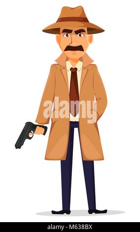 Detektiv in Hut und Mantel. Stattliche Zeichentrickfigur Besitz einer Waffe. Vector Illustration auf weißem Hintergrund. Stock Vektor