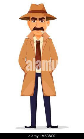 Detektiv in Hut und Mantel. Stattliche Zeichentrickfigur stehend mit Händen in den Taschen und rauchen eine Zigarette. Vector Illustration auf weißen Ba isoliert Stock Vektor
