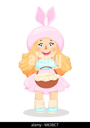 Frohe Ostern. Süße Mädchen in einem Kostüm der Hase mit einem Korb. Lustige cartoon Charakter für den Urlaub. Vector Illustration auf weißem Hintergrund Stock Vektor