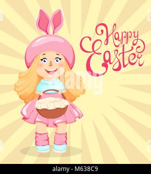 Frohe Ostern. Süße Mädchen in einem Kostüm der Hase mit einem Korb. Lustige cartoon Charakter für den Urlaub. Vector Illustration auf hellen Hintergrund Stock Vektor
