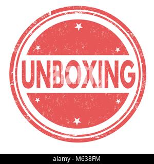 Unboxing grunge Stempelabdruck auf weißem Hintergrund, Vector Illustration Stock Vektor