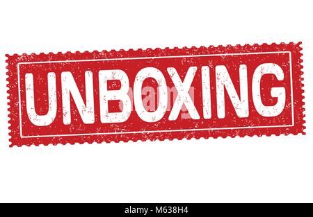 Unboxing grunge Stempelabdruck auf weißem Hintergrund, Vector Illustration Stock Vektor