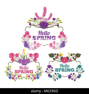 Satz Hallo Frühling Schriftzug mit Vintage romantischen floralen frames Frische Stock Vektor