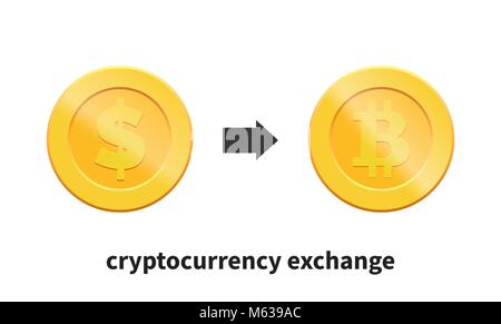 Cryptocurrency exchange Konzept. Austausch von Dollar zu Bitcoin Stock Vektor