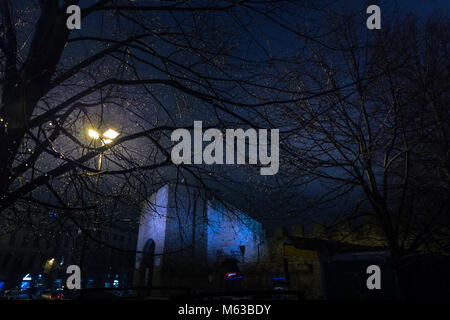 Regentropfen auf einem Zweig in der Nacht Straßenlaternen mit einer Kirche im Hintergrund beleuchtet Stockfoto