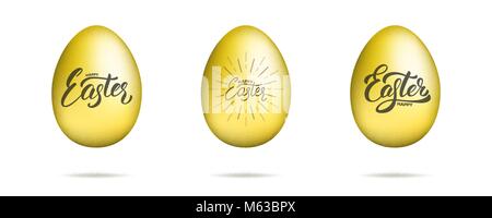 Ostern. Gold Eier mit Frohe Ostern schrift Schriftzug. Ostern design Stock Vektor