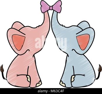Paar Elefanten mit dekorativer Schleife binden Tier Symbol auf weißem Hintergrund bunte Design Vector Illustration Stock Vektor