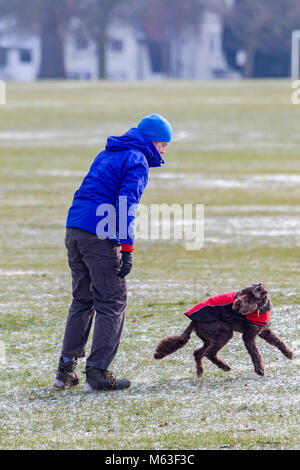 Northampton, England. 28 Feb, 2108. UK Wetter: Temperaturen in-2 heute Morgen mit einem leichten Abstauben des Schnees für die Leute ihre Hunde in Abington Park gegen den bitter kalten Brise gewickelt. Credit: Keith J Smith./Alamy leben Nachrichten Stockfoto