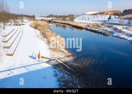 Schnee im Queen Elizabeth Olympic Park, London, England, Vereinigtes Königreich, Großbritannien Stockfoto