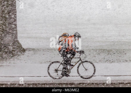 Northampton, England, Großbritannien Wetter. 28. Februar 2018. Schnee am frühen Nachmittag mit Temperaturen von -4 in Abington Park und die Menschen sind immer noch unterwegs. Credit: Keith J Smith./Alamy leben Nachrichten Stockfoto