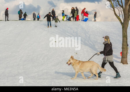 Dublin, Irland. 28. Februar 2018. Familien und Hund Wanderer genießen den neu gefallenen Schnee in Eamonn Ceannt Park, Kimmage, als "Tier aus dem Osten' nimmt in Dublin. Credit: Butler Fotografische/Alamy leben Nachrichten Stockfoto