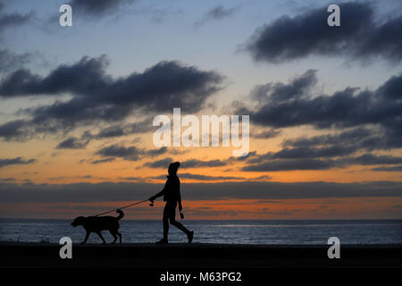 San Diego, CA, USA. 25 Feb, 2018. Februar 25, 2018, San Diego, Kalifornien, USA - Eine Frau geht ihren Hund in Windansea Beach bei Sonnenuntergang in der La Jolla Gegend von San Diego, CA. Credit: KC Alfred/ZUMA Draht/Alamy leben Nachrichten Stockfoto