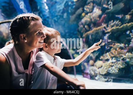Mutter und Sohn aufpassen Sea Life im Oceanarium Stockfoto