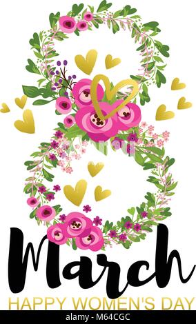 Vector Illustration, glücklichen Tag der Frauen Text. 8. März Stock Vektor