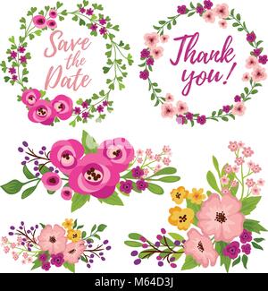 Vector Illustration, der dekorativen florale Elemente gesetzt. Speichern Sie die aktuelle Karte. Vielen Dank Banner. Stock Vektor