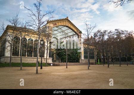 Gewächshaus der Parc de la Ciutadella in Barcelona bei Sonnenuntergang im Winter Stockfoto