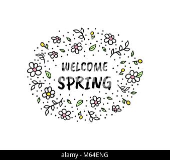 Hallo Frühling Vektor cartoon Skizze Abbildung Stock Vektor