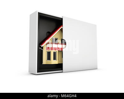 Haus in der Box isoliert auf weißem Hintergrund. 3D-Darstellung. Stockfoto