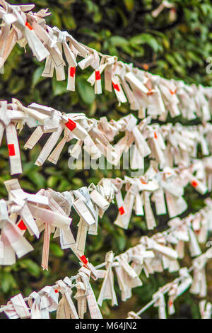 Strings von schlechten Schicksal hing an einem Shintō-Schrein in Tokio, Japan. Stockfoto