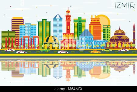 Izmir Türkei Skyline der Stadt mit Gebäuden, blauer Himmel und Reflexionen. Vector Illustration. Business Travel und Tourismus Konzept Stock Vektor