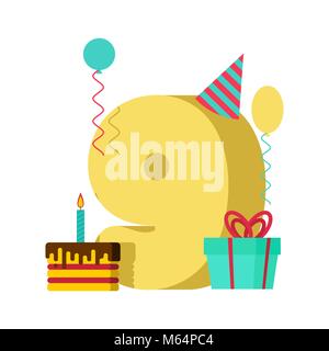 9 Jahr Grußkarte Geburtstag. 9. Jahrestag Feier Vorlage. Neun Anzahl und festliche Stück Kuchen mit Kerze. Ballon- und Geschenkverpackung. Stock Vektor