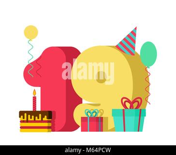 19 Geburtstag unterzeichnen. 19. Vorlage Grußkarte Jahrestag. Neunzehn Anzahl und festliche Stück Kuchen mit Kerze. Ballon- und Geschenk bo Stock Vektor