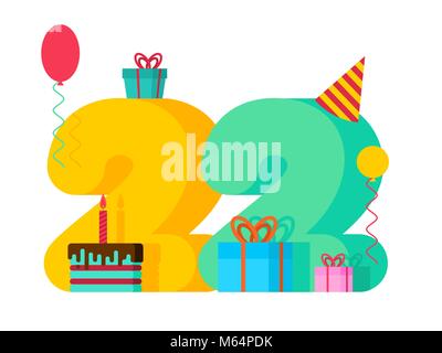 22 Geburtstag unterzeichnen. 22. Vorlage Grußkarte Jahrestag. Zweiundzwanzig Anzahl und festliche Stück Kuchen mit Kerze. Ballon- und Geschenk Stock Vektor