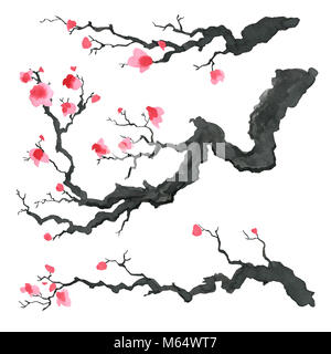 Kirschbaum im japanischen Stil. Aquarell Malerei Illustration Hand Stockfoto