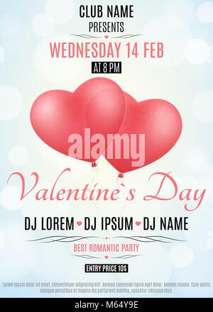 Valentines Day Party Flyer. Fliegenden Roten Ballon des Herzens. Romantische Komposition. Licht glare Bokeh. Einladungskarte zum Club. Vector Illustration. Stock Vektor