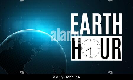 Earth Hour. Futuristischer Planet Erde im Weltraum. 60 Minuten ohne Strom. Sonnenaufgang mit einem blau leuchten. Globale Urlaub. Abstrakte Welt Karte. Platz und Stock Vektor