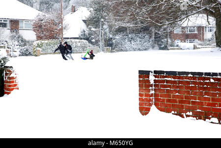 Drei Kinder Spaß im Schnee nach starker Schneefall in Hellesdon, Norfolk, England, Vereinigtes Königreich, Europa. Stockfoto