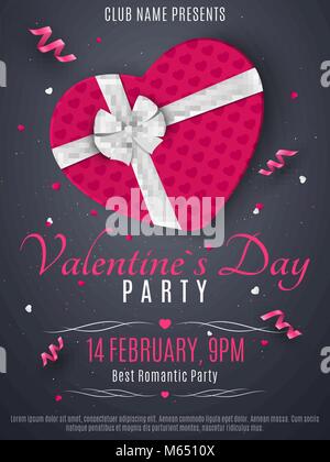 Valentines Day Party Flyer. Purple Box aus dem Herzen und einem weißen Band mit Schleife. Romantischen Komposition auf einem dunklen Hintergrund. Konfetti der Herzen. In Stock Vektor