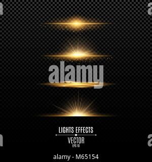 Golden Lights Auswirkungen auf einen transparenten Hintergrund isoliert. Helles blinkt und Blendung von Gold Farbe. Goldene Strahlen des Lichts. Leuchtende Linien. Vektor illust Stock Vektor
